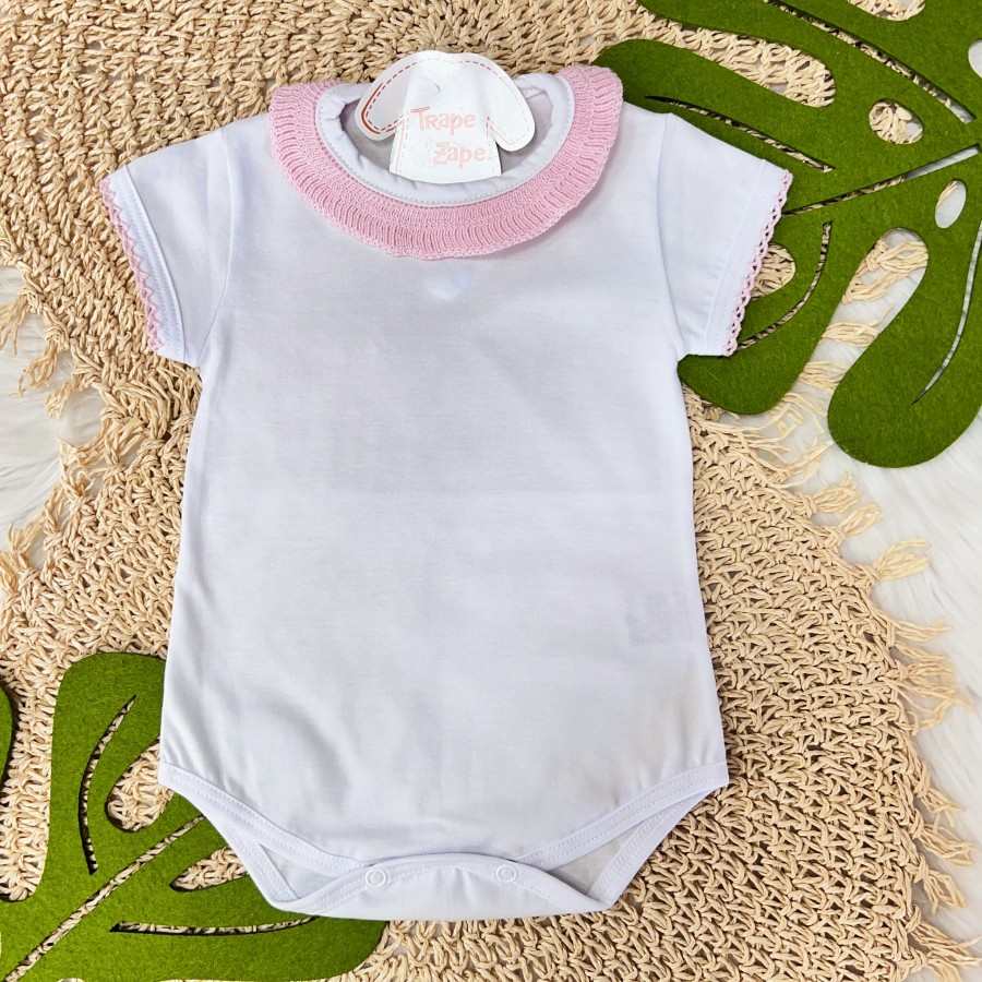 Body Branco com Gola Tricot - Rosa